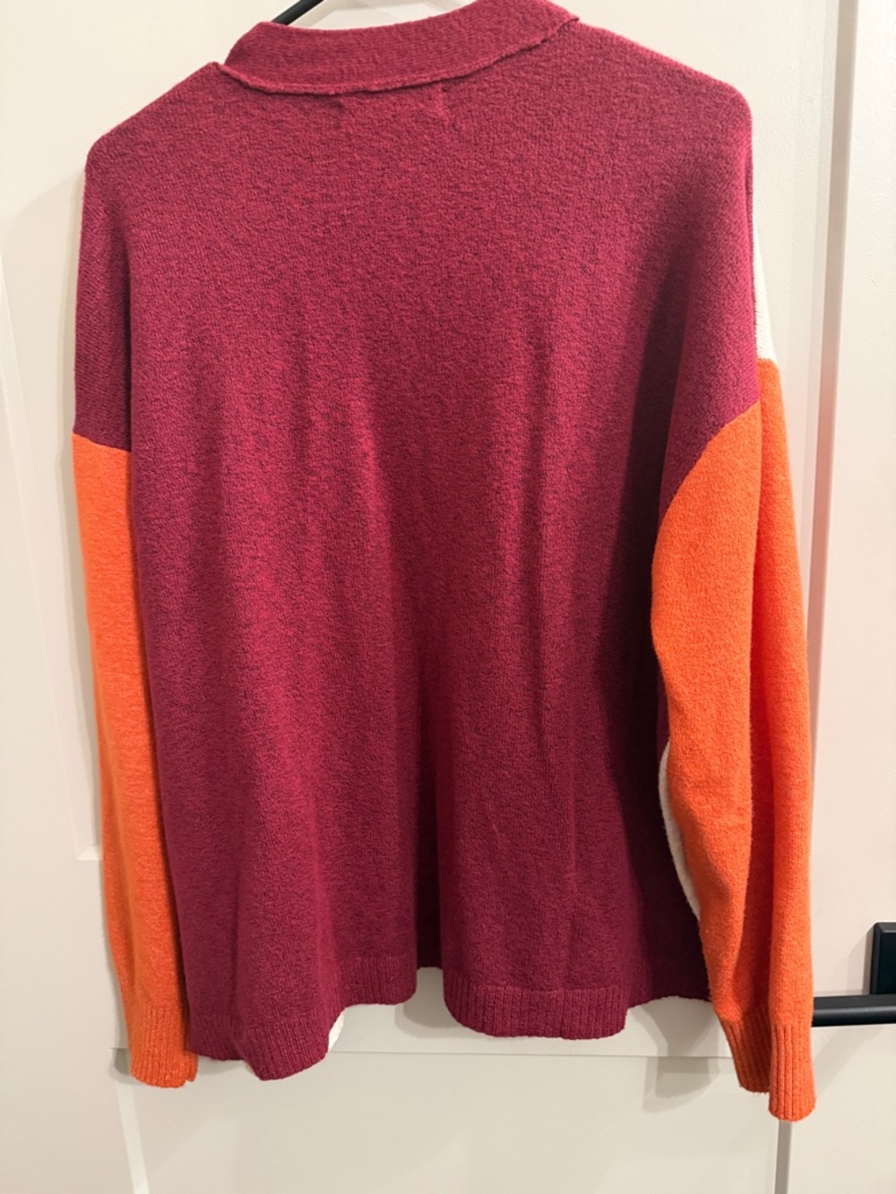 LOFT Cream, Burgundy & Orange Colorblock V-Neck Cardigan - Picture 2 of 3